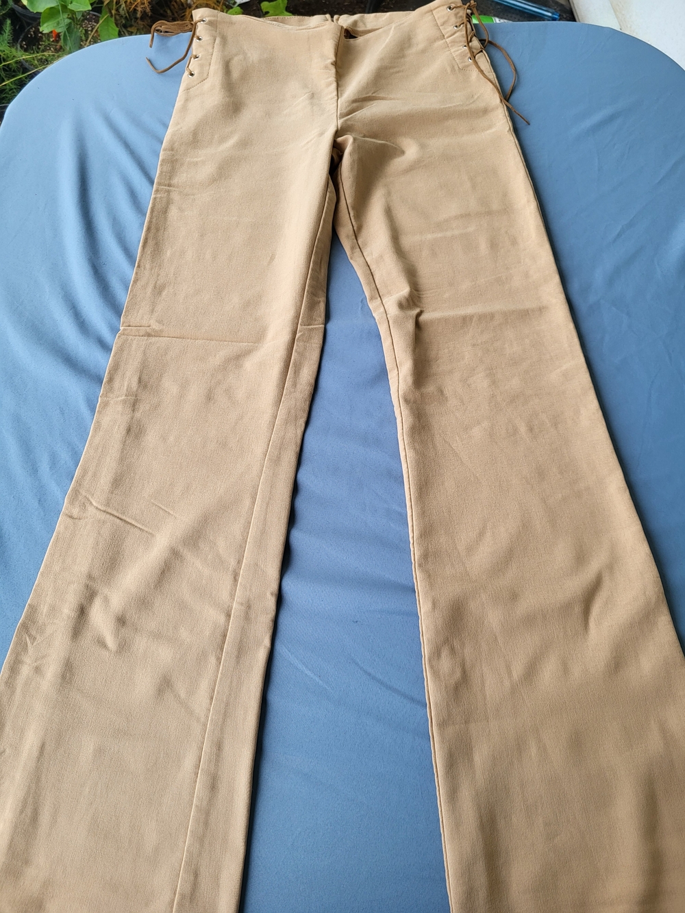 Wearever Women's Beige Wide Leg Dress Pants Solid Flat Front Lace-Up Zip
